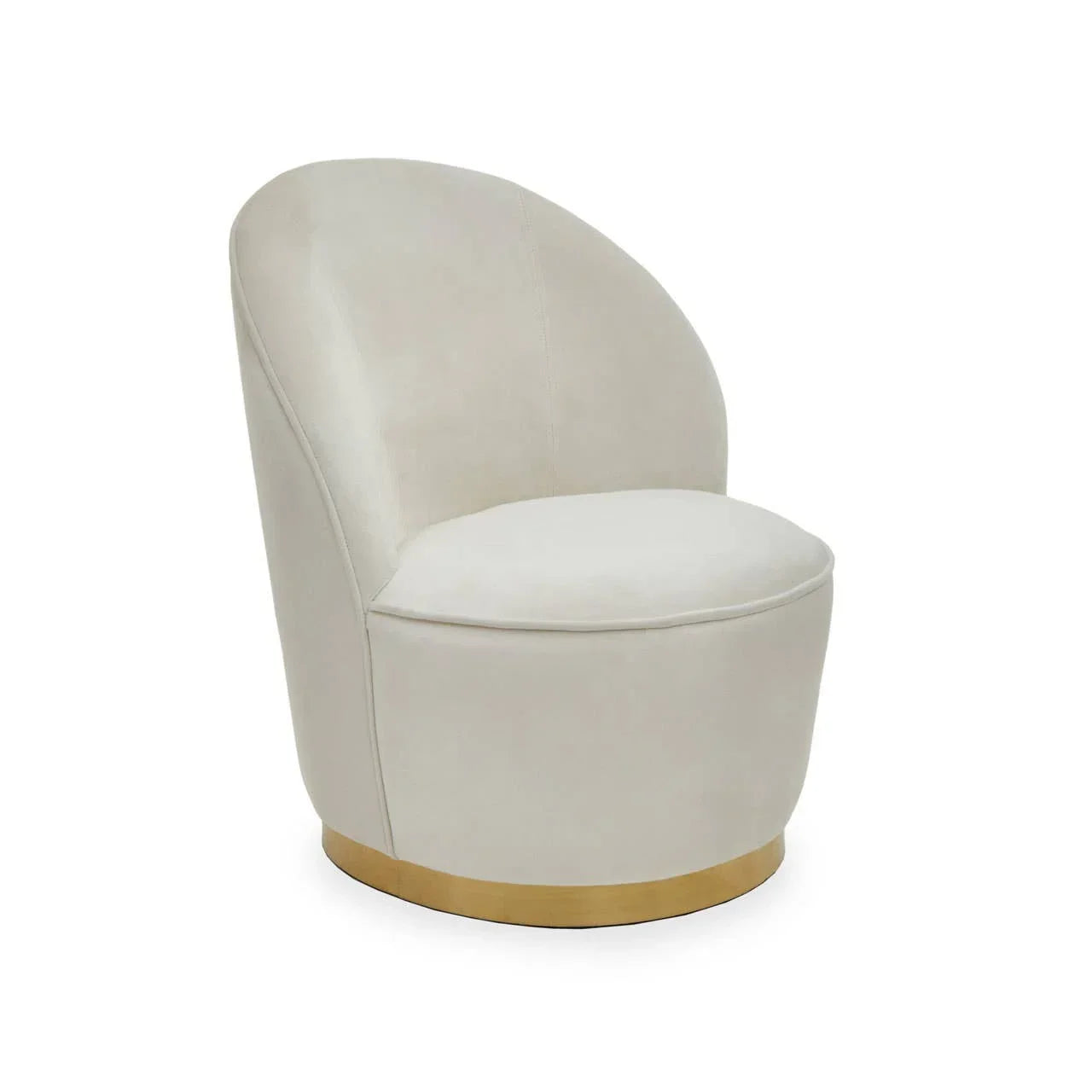 Cream accent chair with curved backrest and gold base on white background