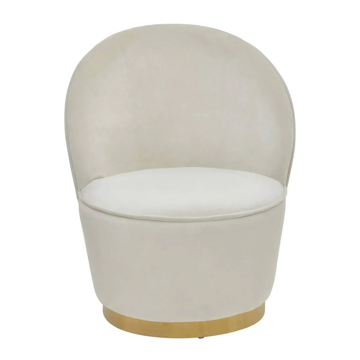 Cream accent chair with curved back and gold base, upholstered in soft fabric