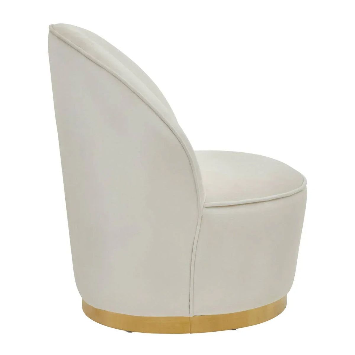 Cream accent chair with curved backrest and gold base, side view