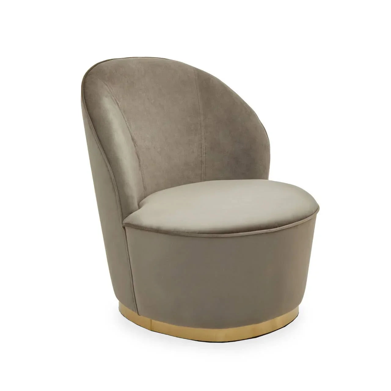 Taupe velvet accent chair with curved back and gold base on white background