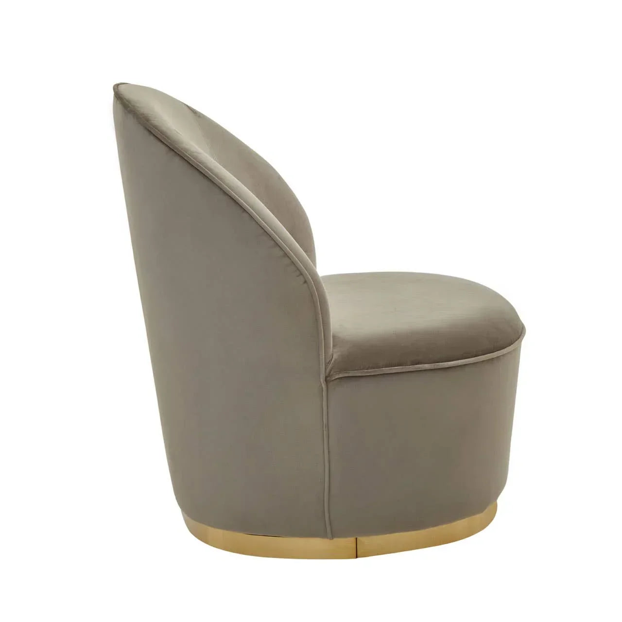 Grey velvet accent chair with rounded back and gold base, side profile view