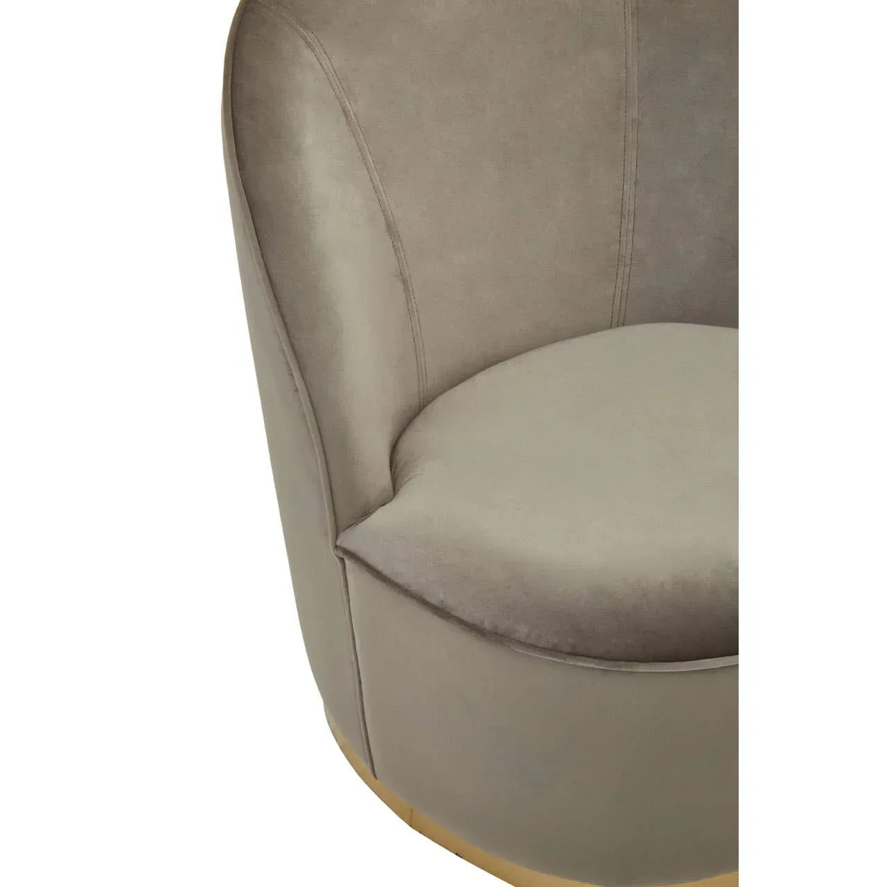 Taupe velvet accent chair with curved back and gold base, close-up of upholstery