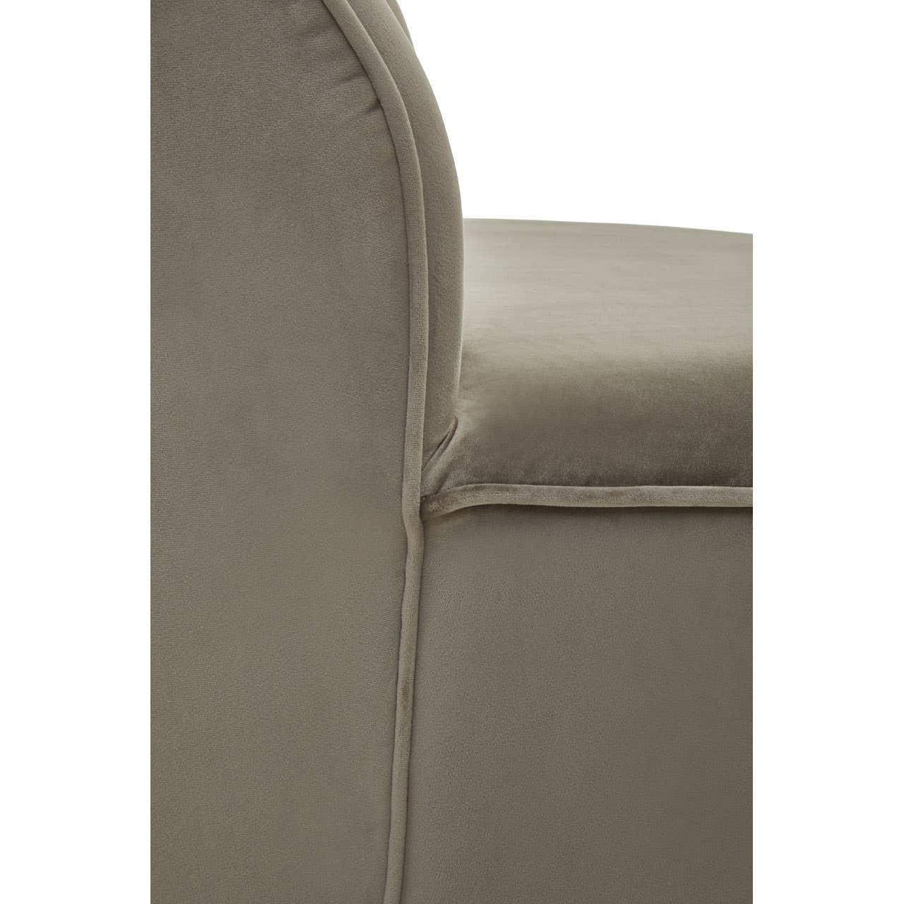 Close-up of grey velvet sofa armrest and seat cushion