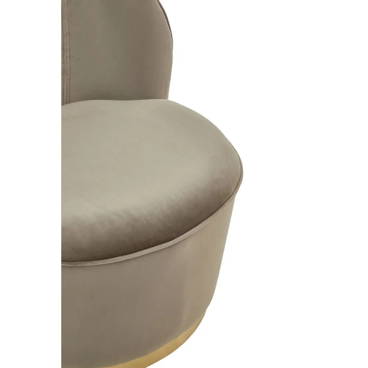 Close-up of beige upholstered chair seat with curved back and gold trim base