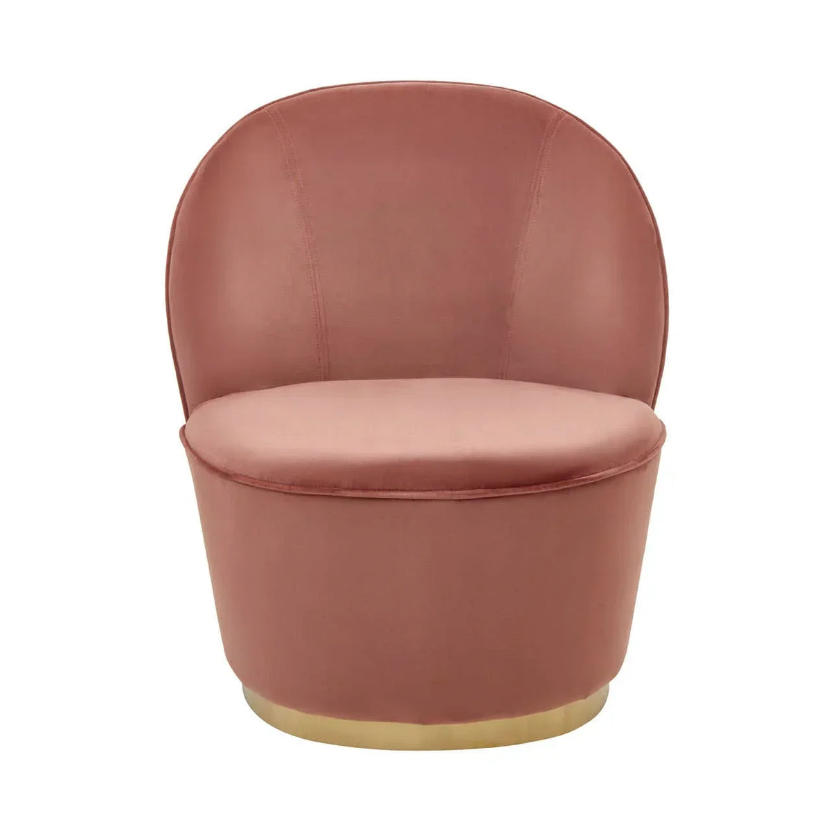 Blush pink accent chair with curved back and gold base, front view