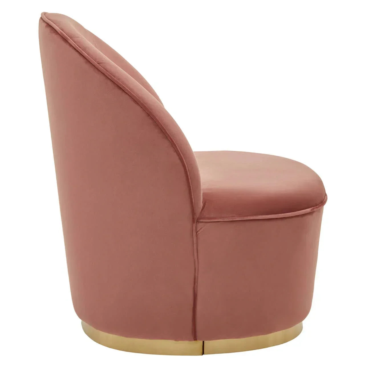Blush pink velvet accent chair with gold base, side profile view