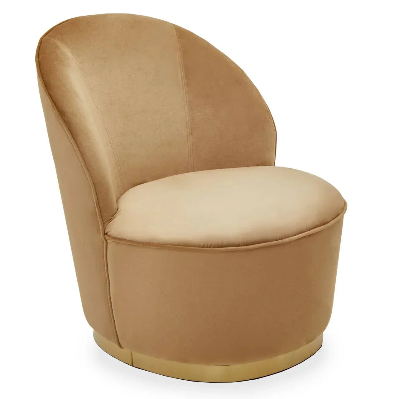 Beige velvet accent chair with curved backrest and gold base