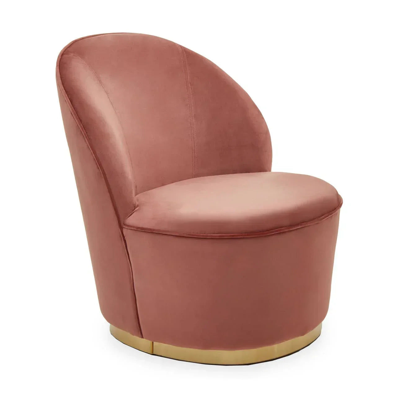 Blush pink velvet accent chair with curved backrest and gold base on white background