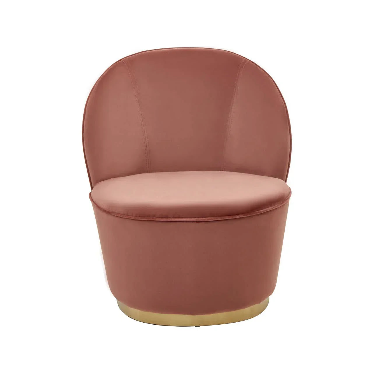 Blush pink velvet accent chair with rounded back and gold base, front view