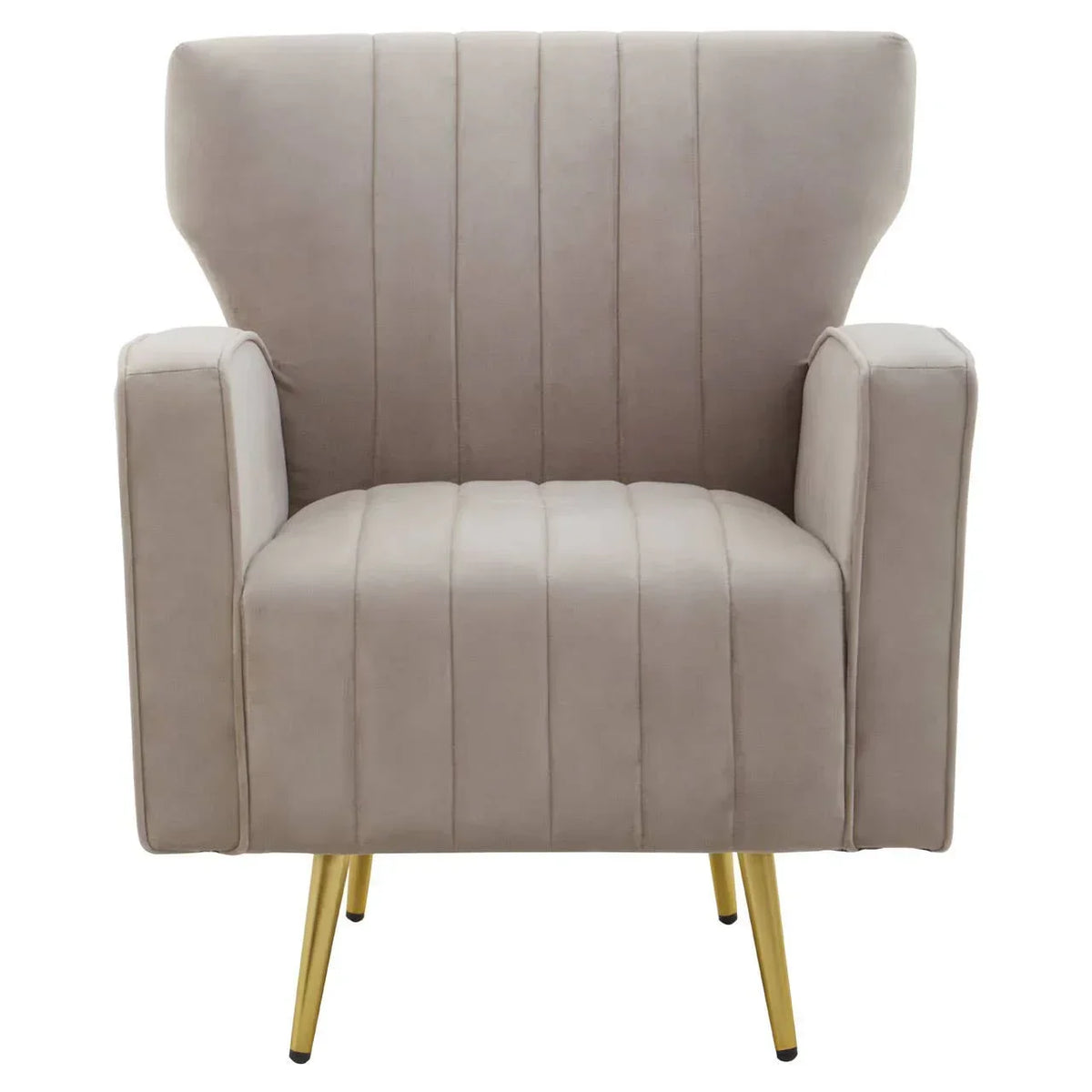 Beige accent armchair with vertical stitching and gold metal legs, front view