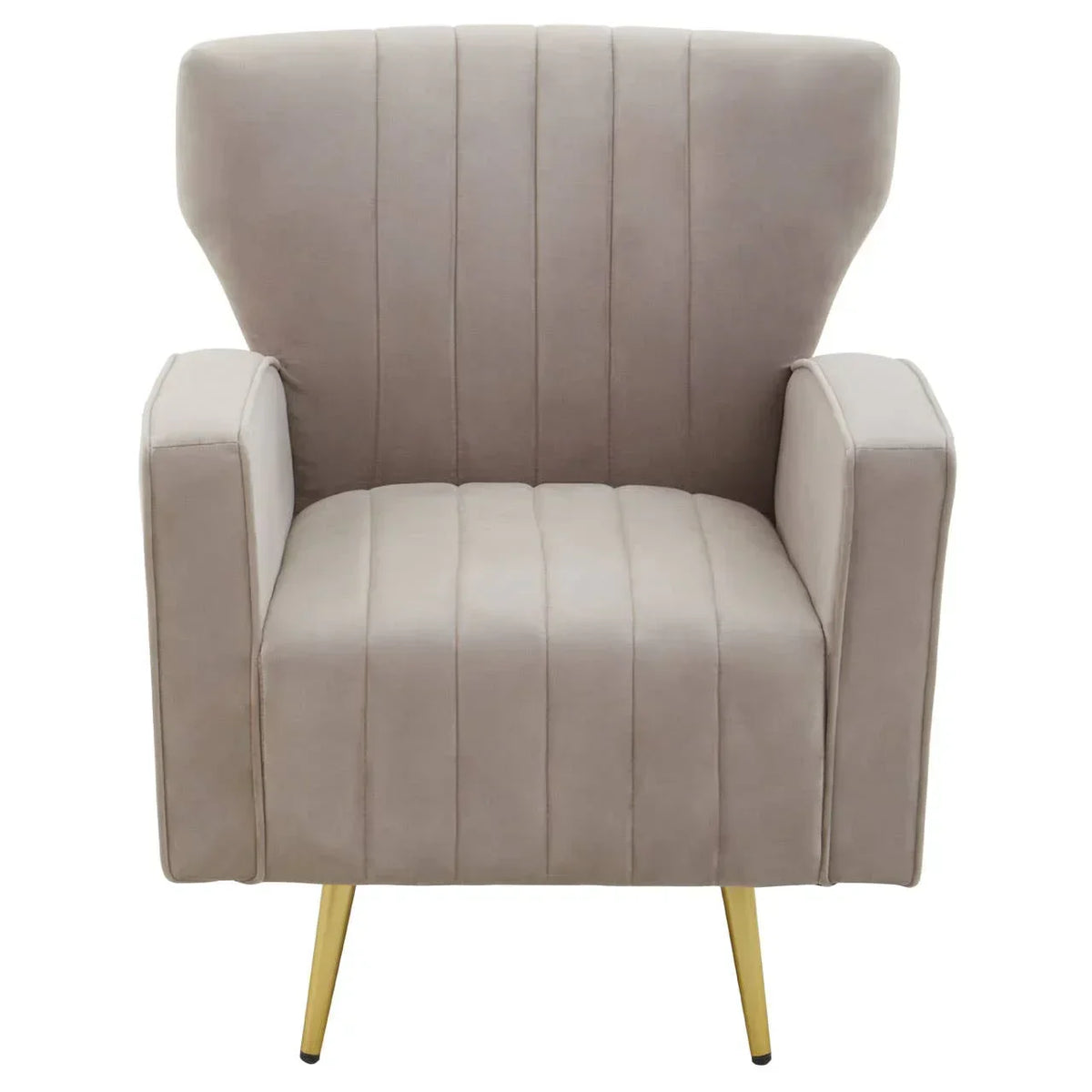 Beige velvet accent chair with gold metal legs and vertical stitching, front view