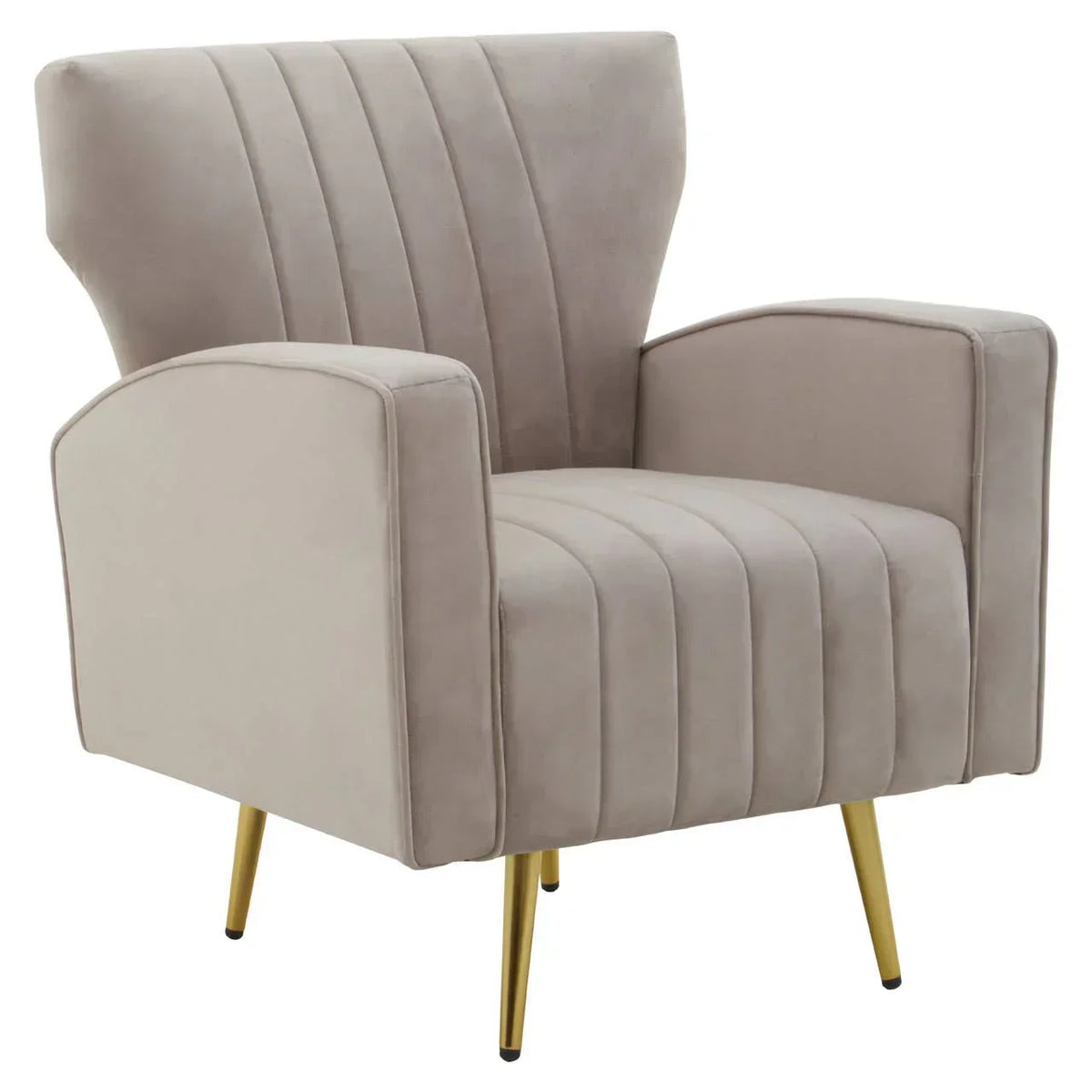 Beige velvet accent chair with gold metal legs and vertical stitching detail