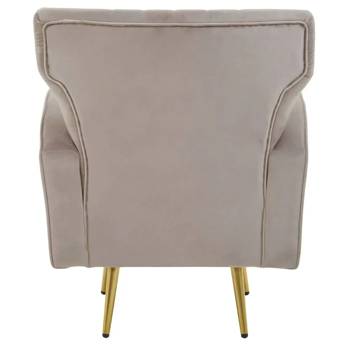 Back view of beige velvet armchair with gold metal legs