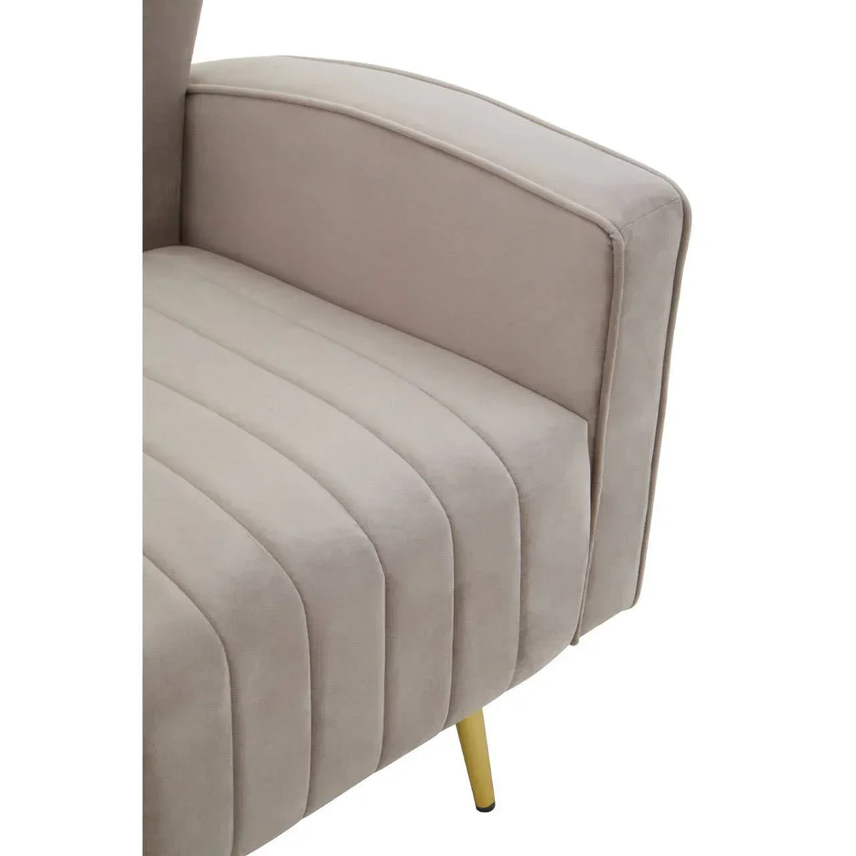 Beige velvet sofa armrest with vertical stitching and slim gold metal leg