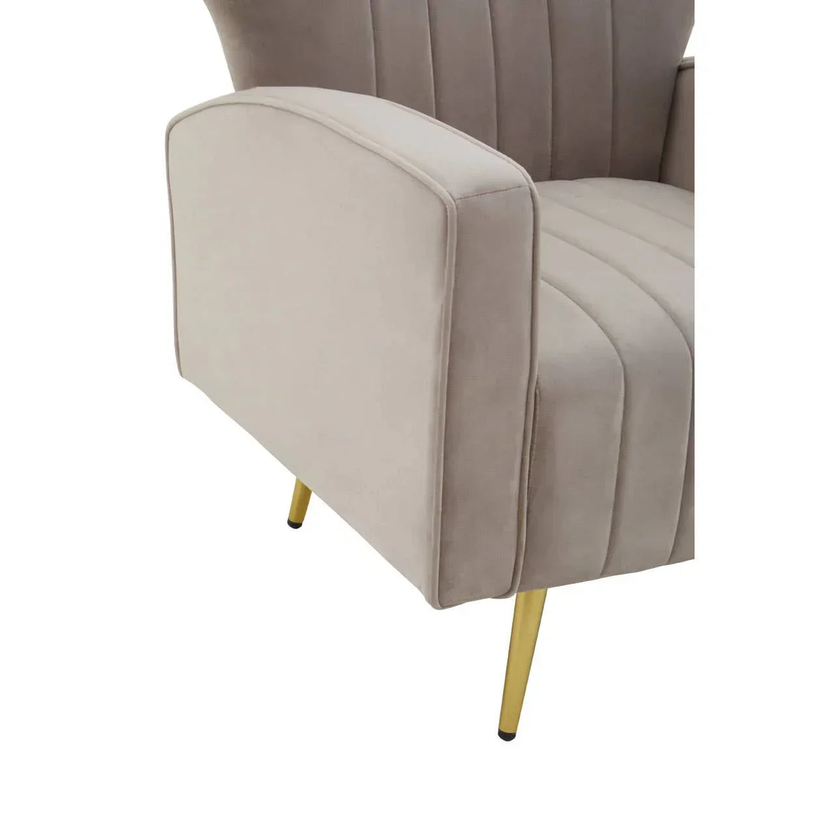Beige velvet armchair with gold metal legs and vertical stitched detailing