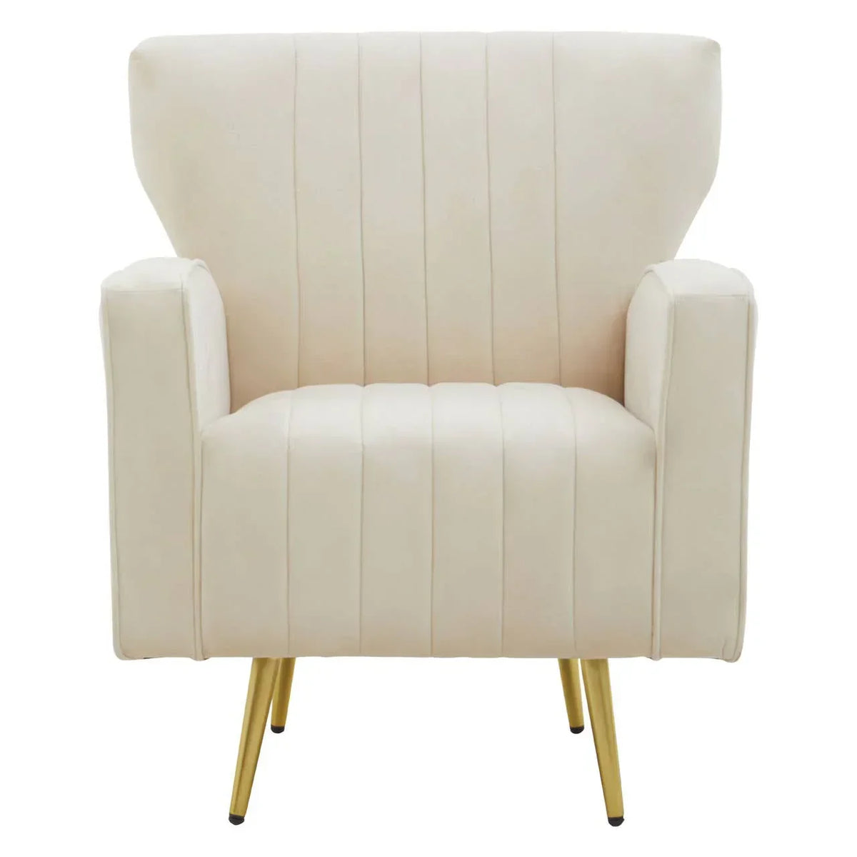 Cream accent armchair with vertical stitching and gold metal legs, front view