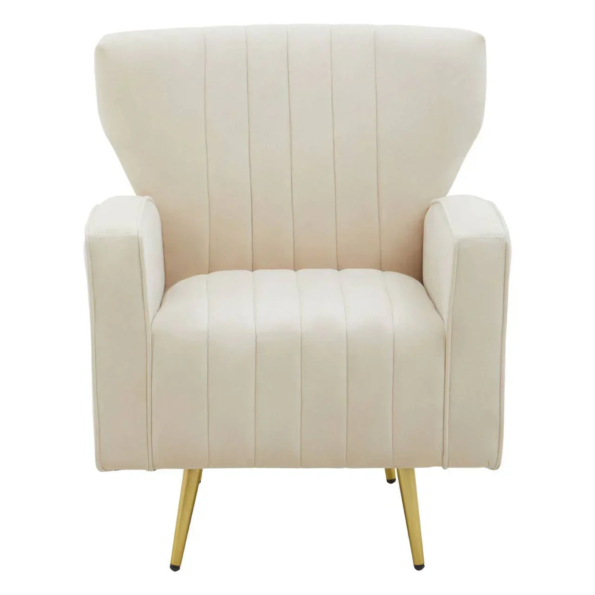 Cream accent armchair with vertical stitching and gold metal legs, front view