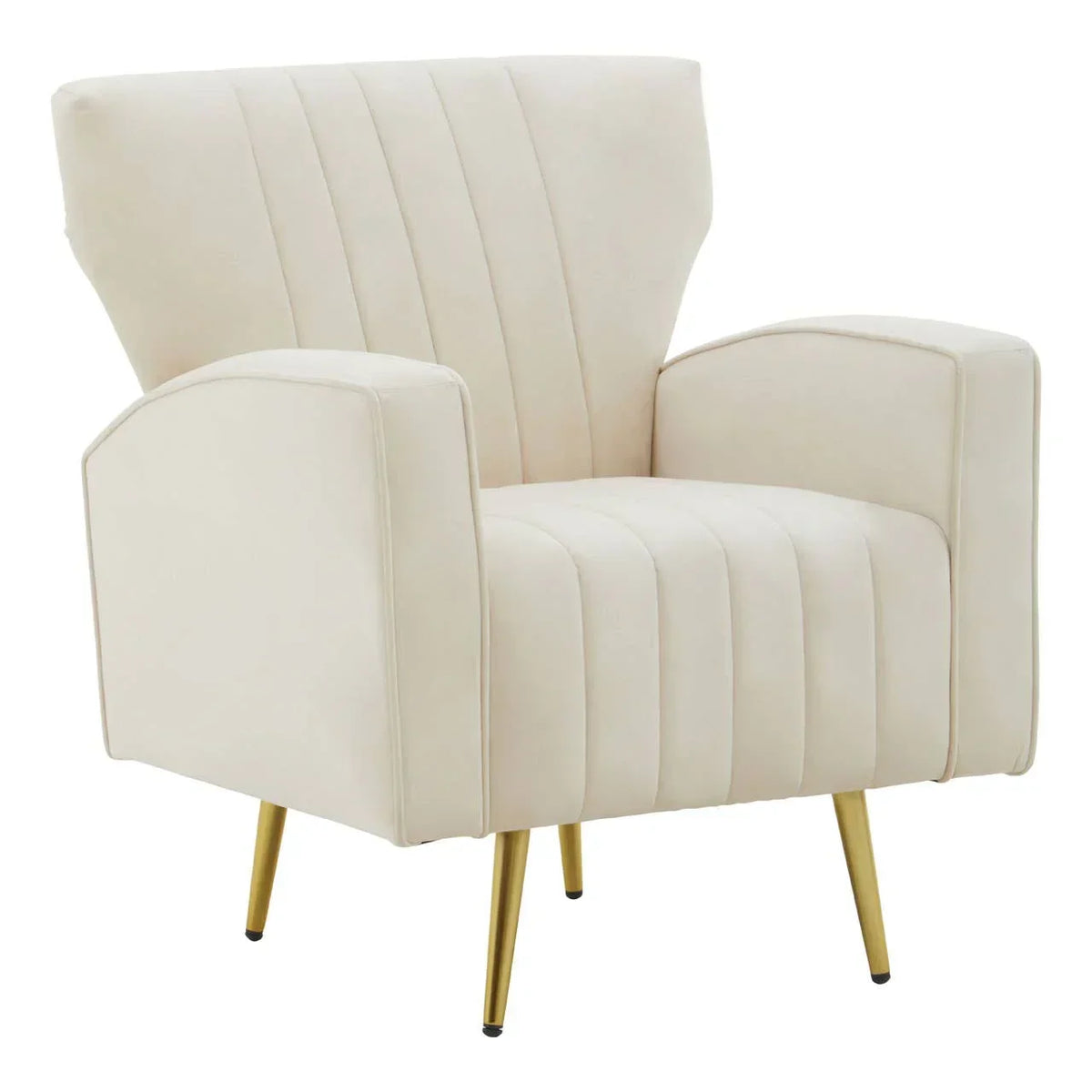 Cream accent chair with gold metal legs and vertical stitched upholstery, front angle view