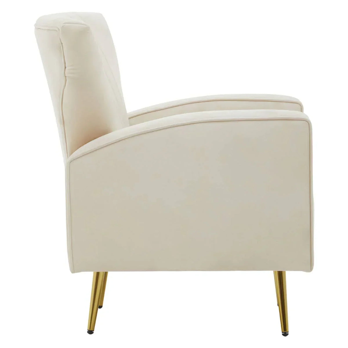 Cream accent armchair with gold legs shown in side profile