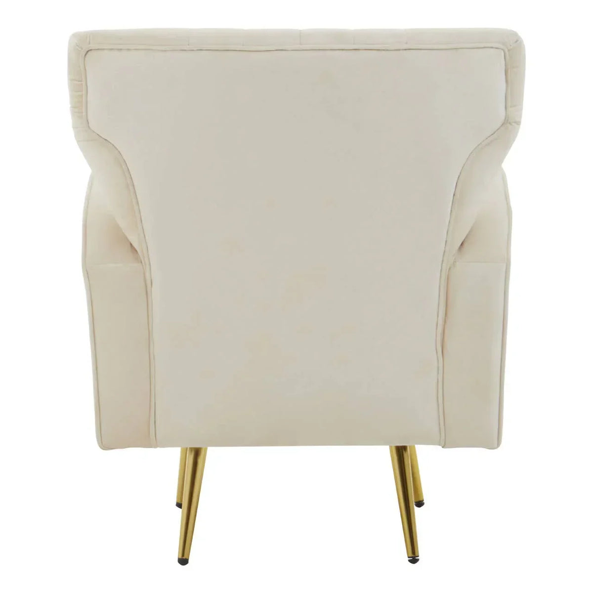 Back view cream armchair with gold metal legs upholstered in fabric