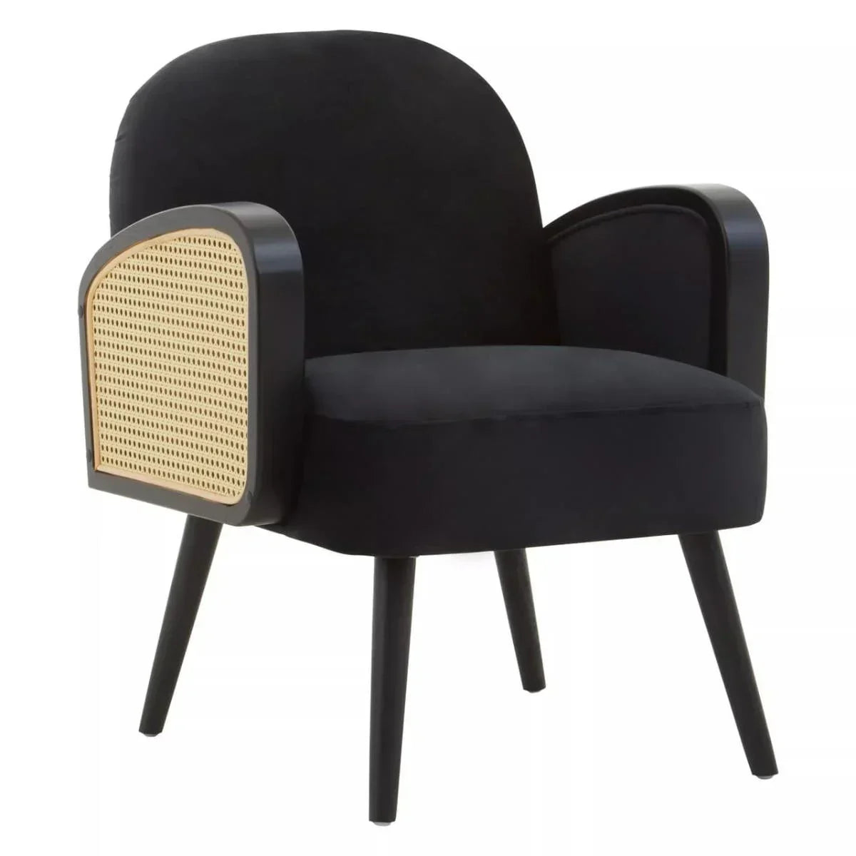 Black accent chair with curved back, wooden legs, and cane armrest panels