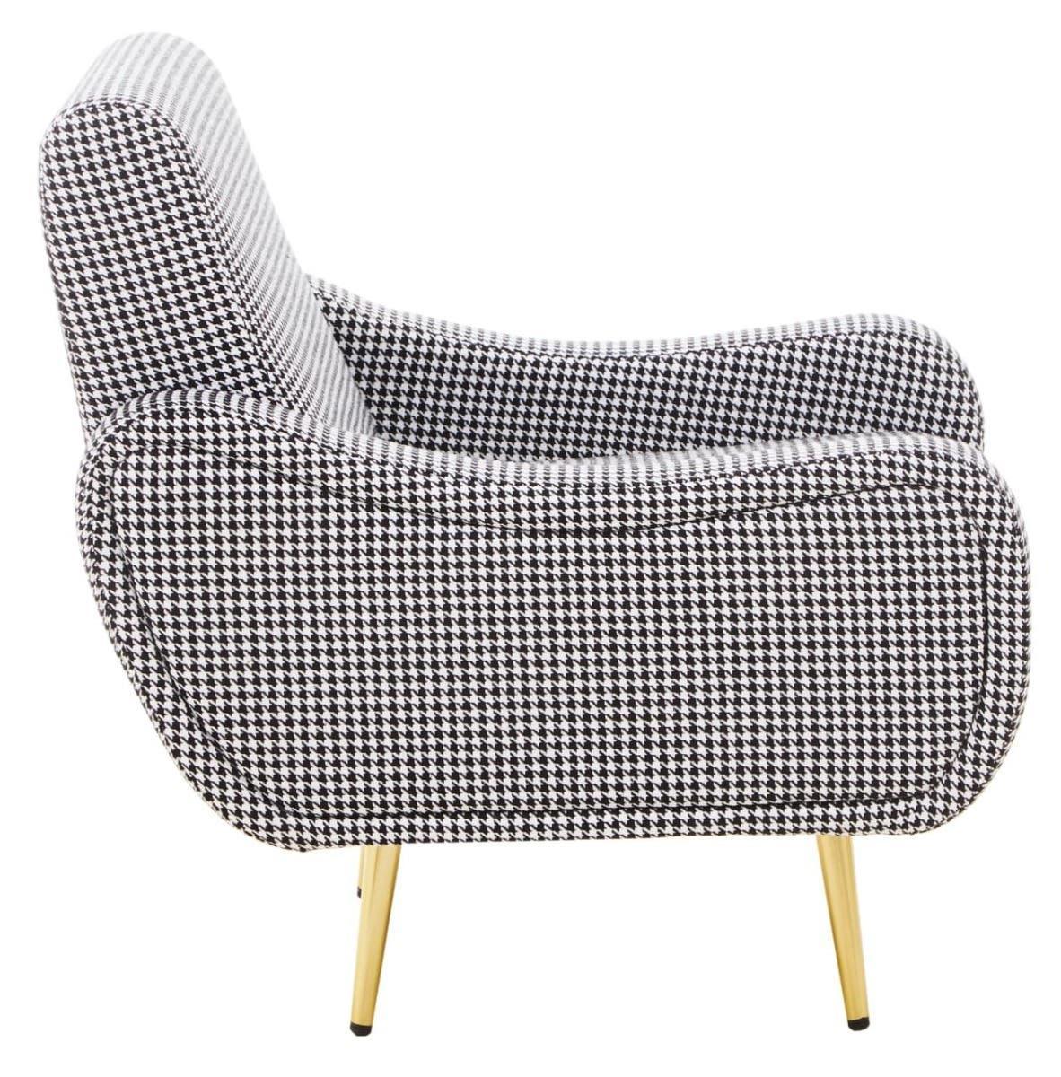 Houndstooth armchair with curved armrests and gold metal legs, side profile view
