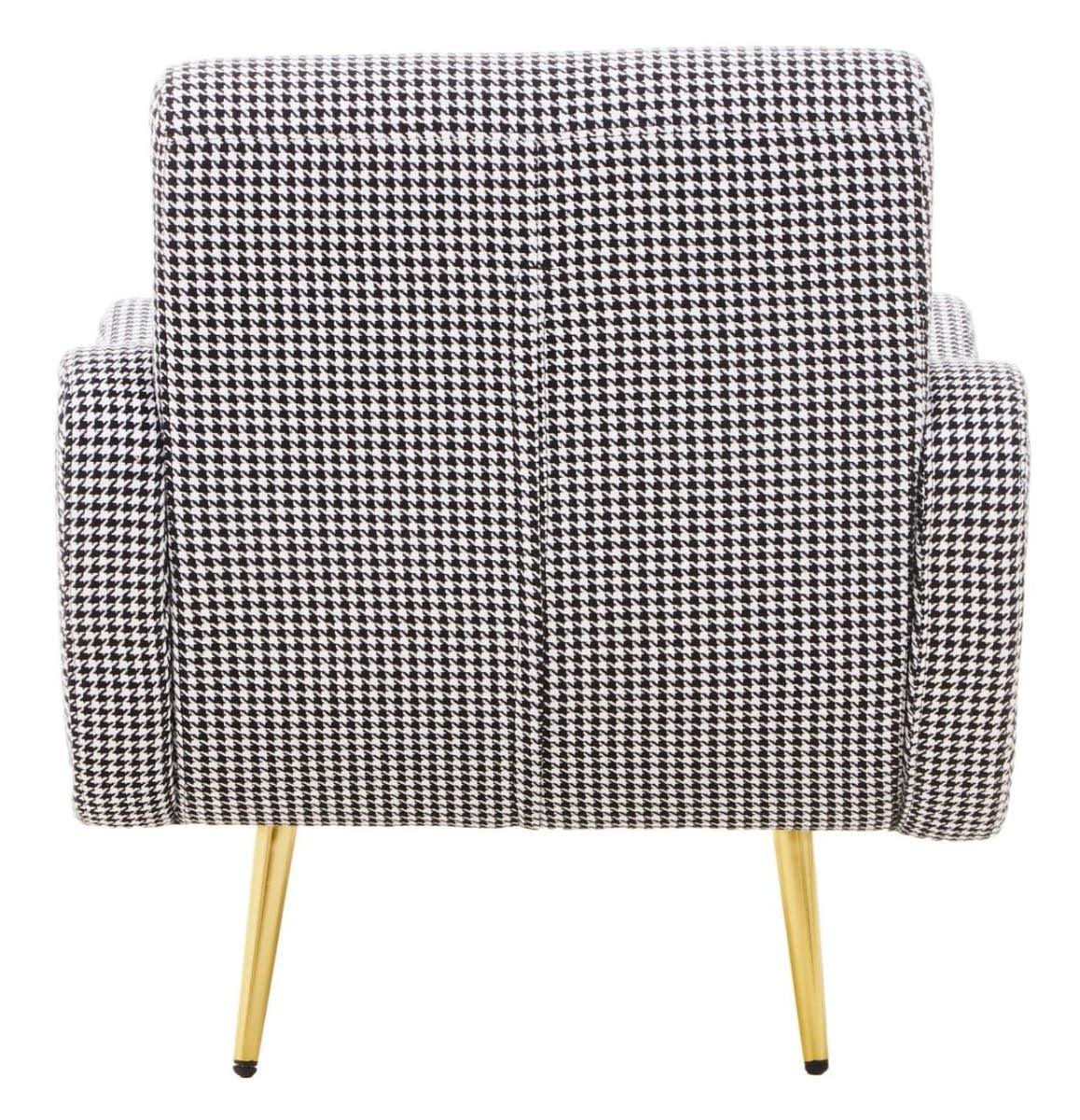 Houndstooth accent chair with gold metal legs, rear view highlighting patterned upholstery