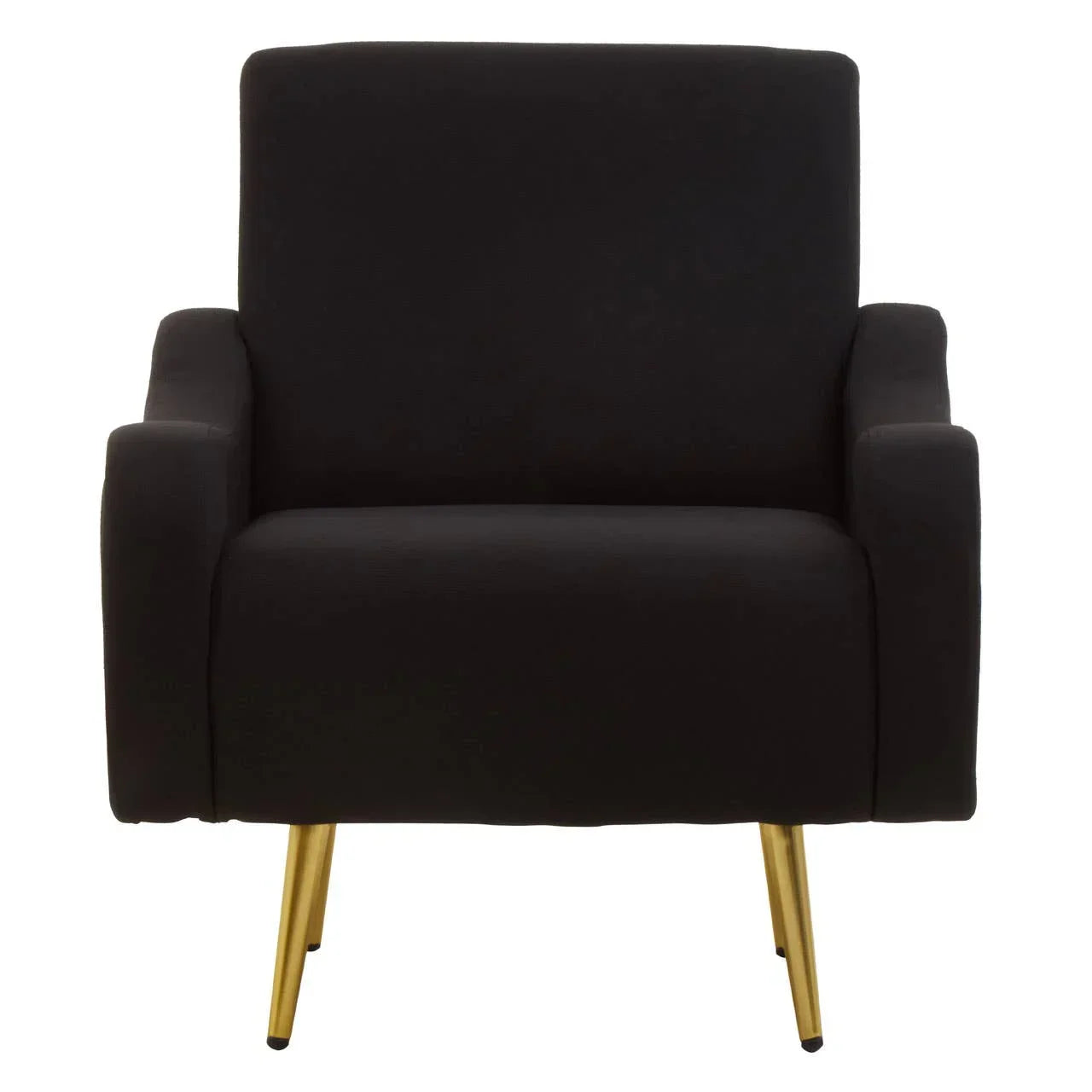 Black armchair with gold metal legs, front view, upholstered living room furniture