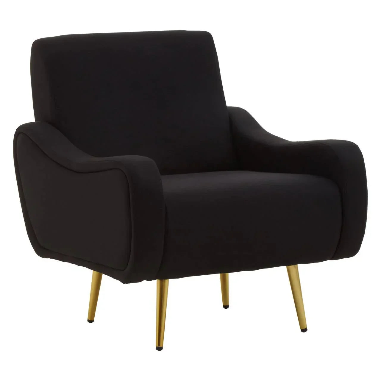 Black armchair with curved arms and gold metal legs front angle view