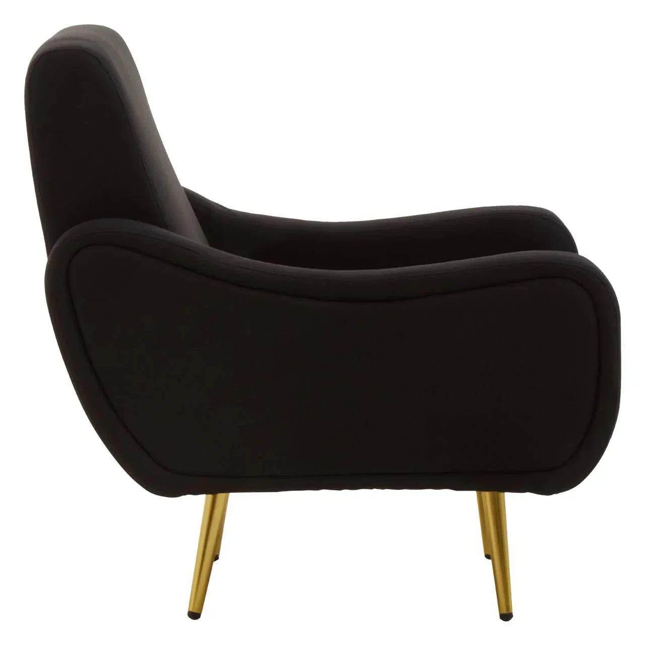Black accent chair with curved backrest and gold metal legs, side profile view
