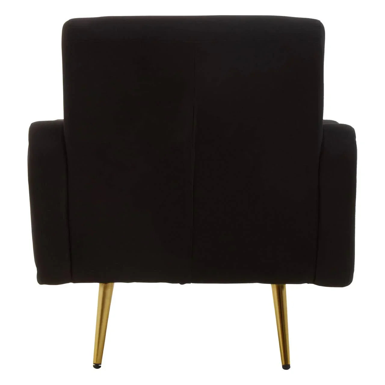 Back view of black armchair with gold metal legs