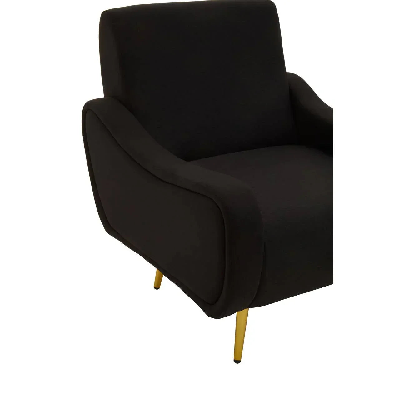 Black armchair with curved arms and gold metal legs, partial side view