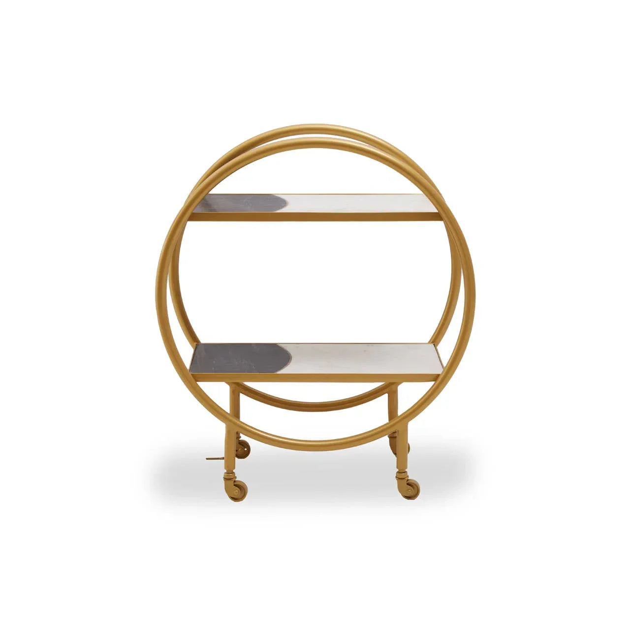 Gold metal circular drinks trolley with two mirrored shelves and caster wheels