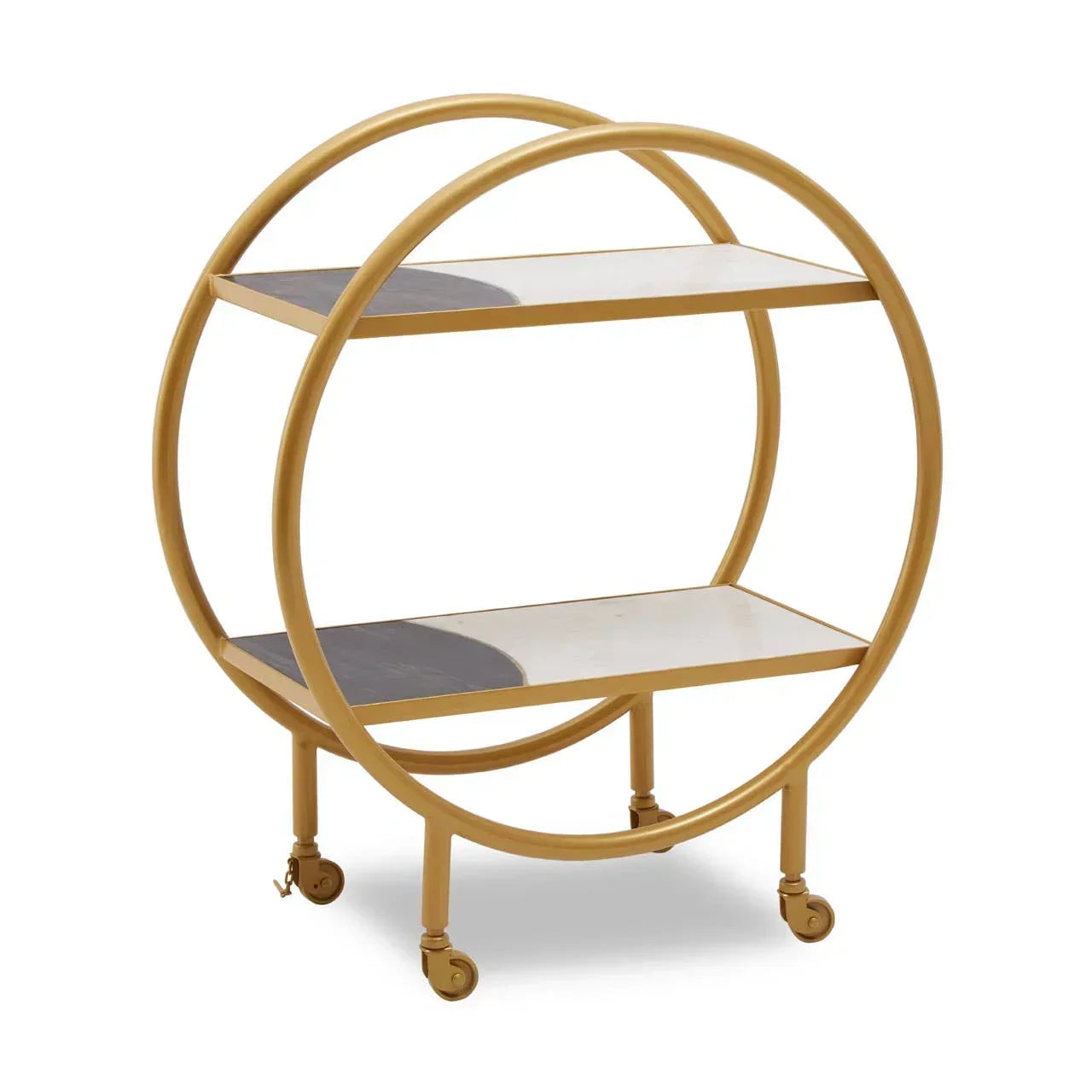Gold metal round bar cart with two glass shelves and caster wheels