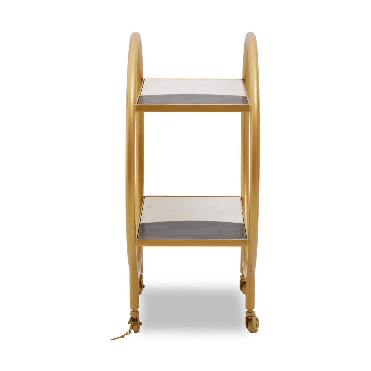 Gold metal bar cart with two glass shelves and side handles, front view