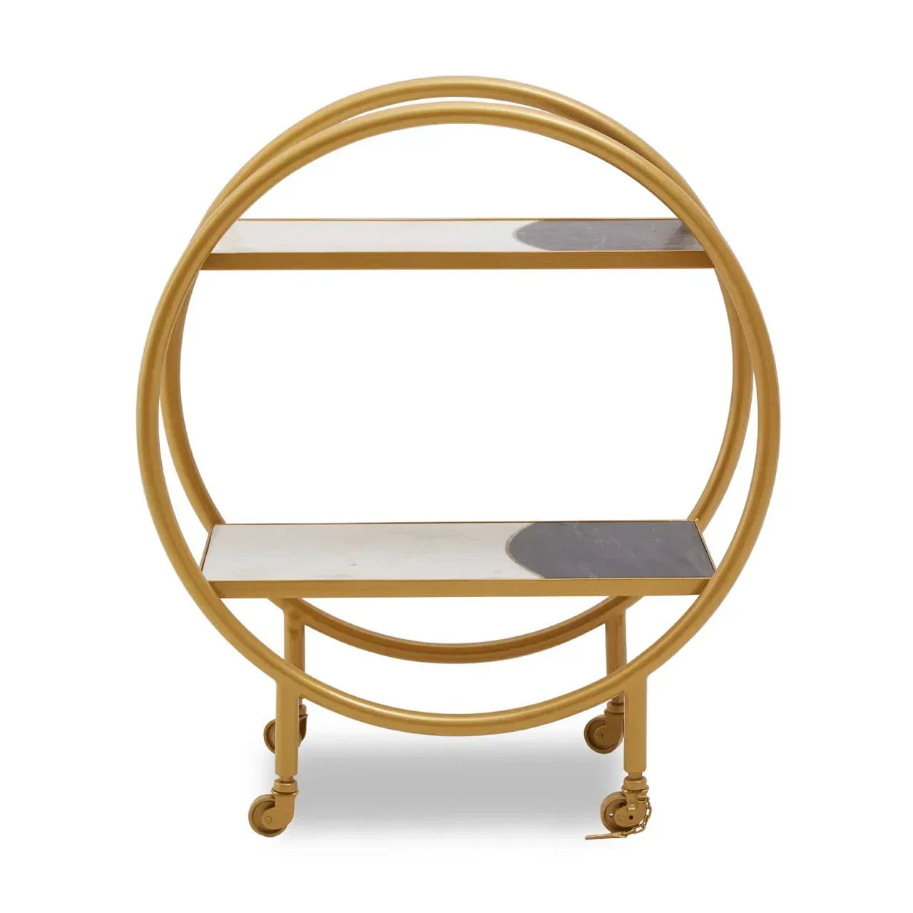 Gold metal drinks trolley with circular frame, two marble shelves and caster wheels