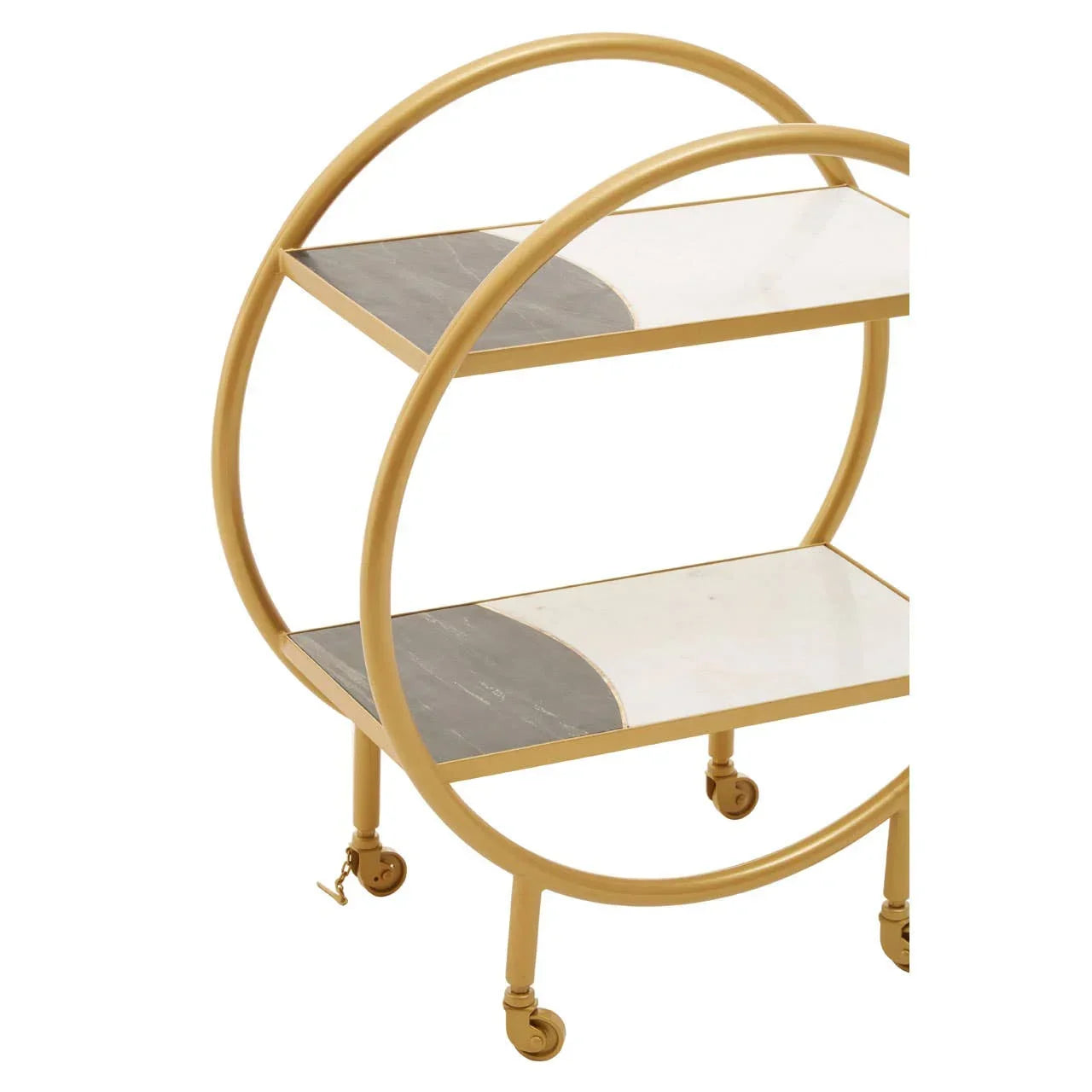 Gold bar cart with round frame, two marble shelves, and four caster wheels