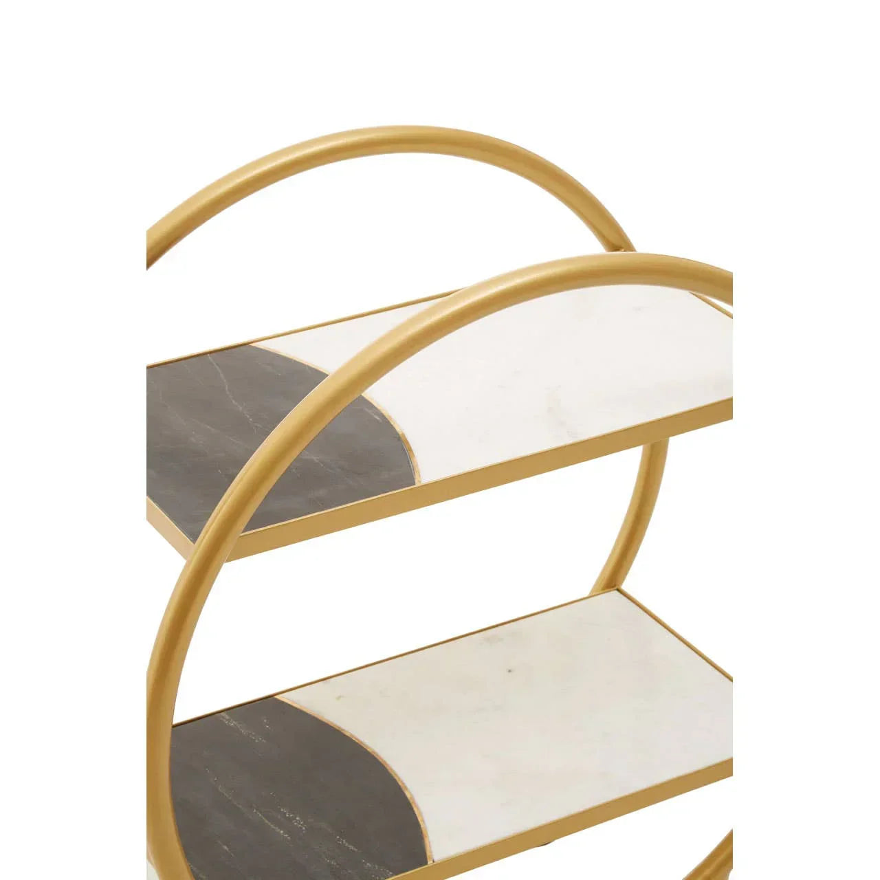 gold metal and marble shelving unit with arched frame and two-tier shelves