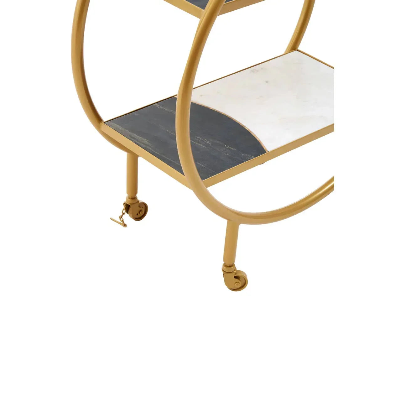 Gold metal bar cart with circular frame and marble shelves on castor wheels
