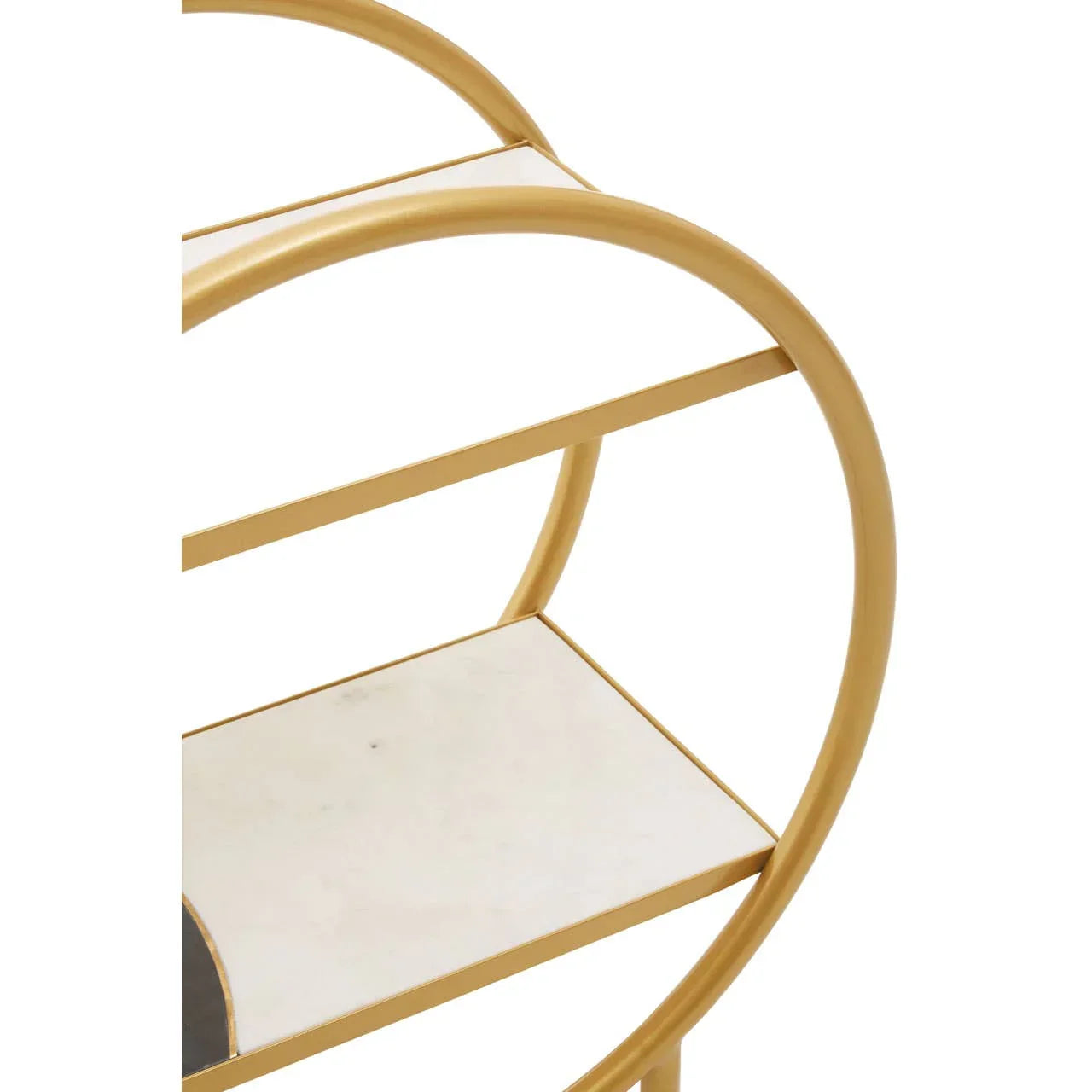 Gold metal bar trolley with white marble shelves, close-up of side frame and shelves