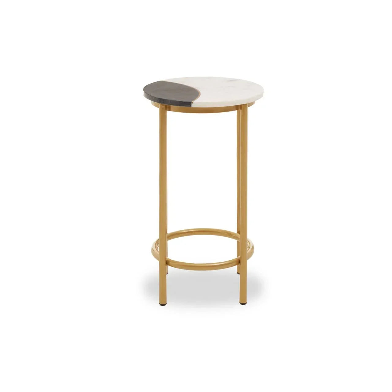 Round side table with gold metal legs and two-tone marble top