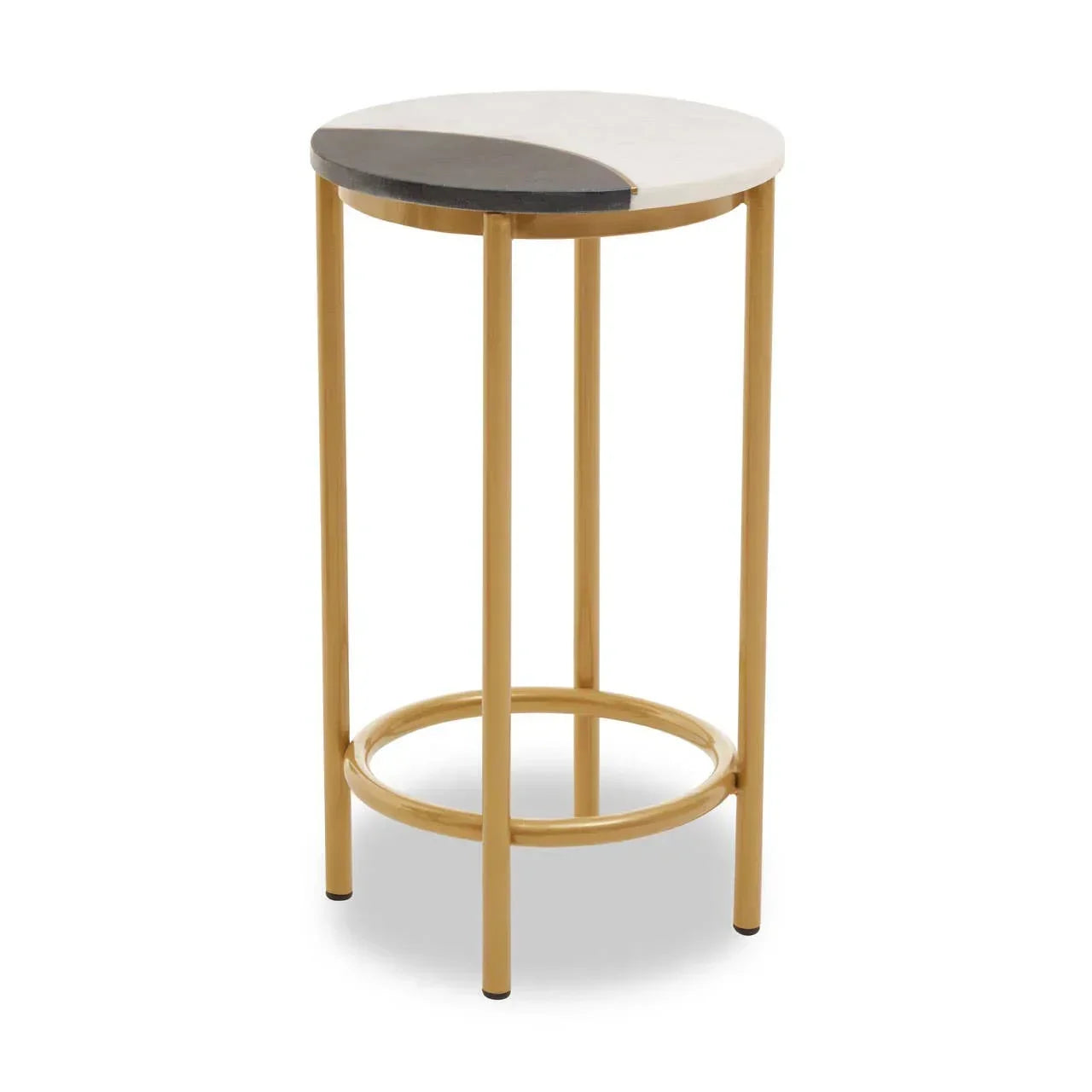 Round side table with gold metal legs and two tone marble top in black and white
