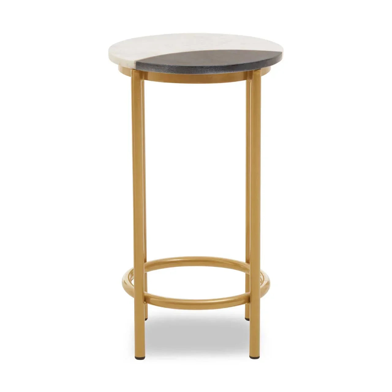 Round accent table with gold metal legs and two-tone marble top