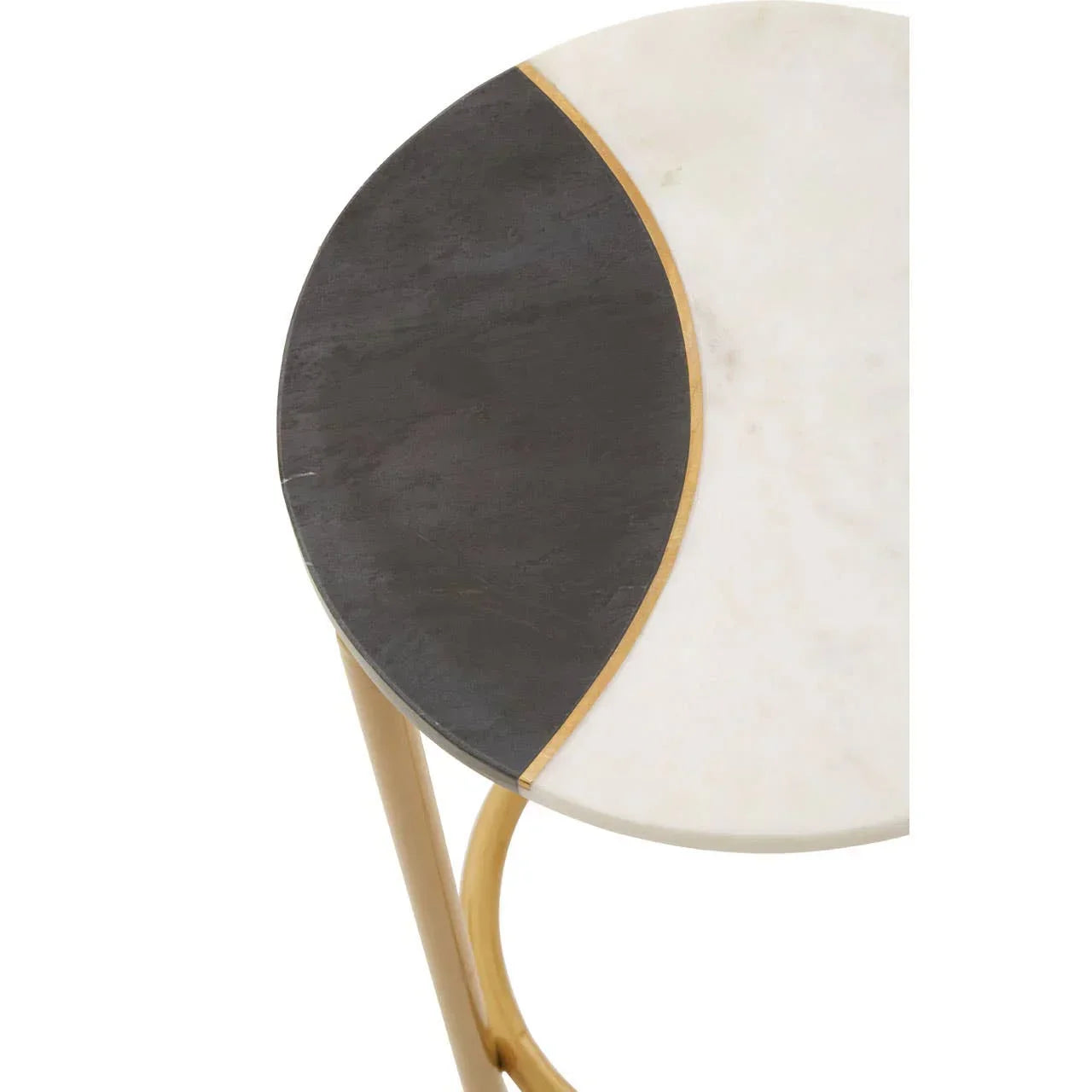 Round side table with black and white marble top and gold metal frame, close-up view
