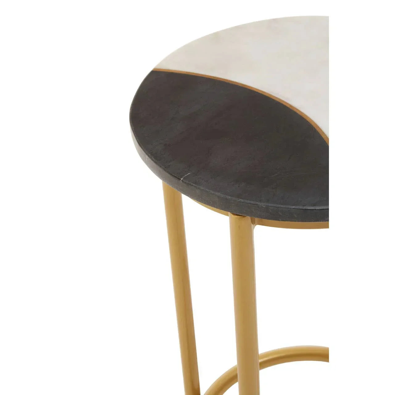 Round side table with black and white marble top, gold metal legs and modern design