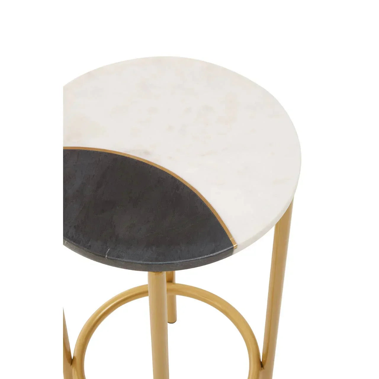 Round marble side table with gold legs, black and white two-tone tabletop design