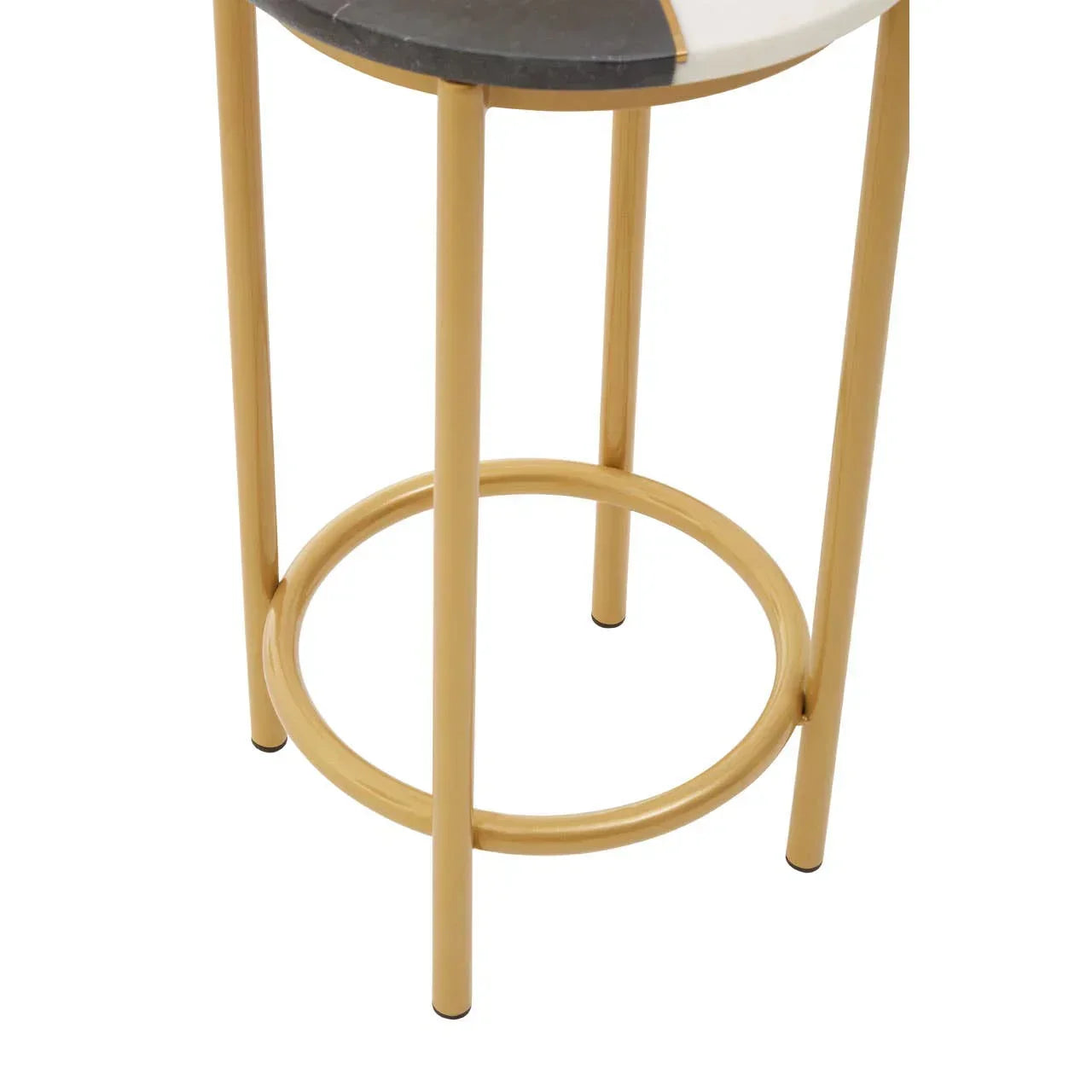 Round side table with gold metal frame and multicolour marble top, close-up of legs