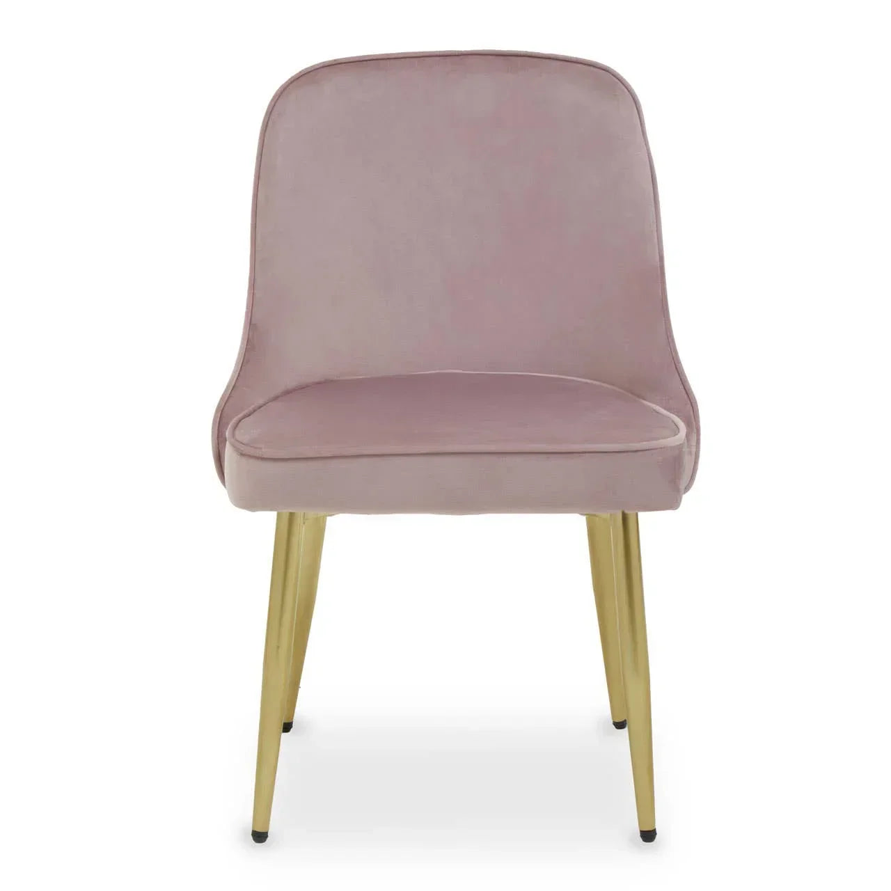 Pink velvet dining chair with gold metal legs, front view