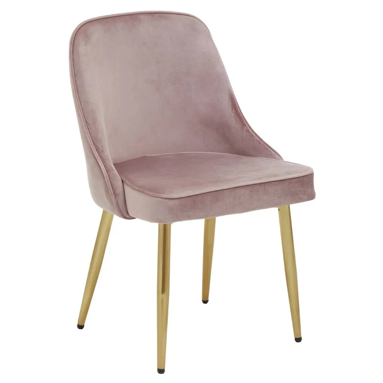 Blush pink velvet dining chair with gold metal legs, angled front view