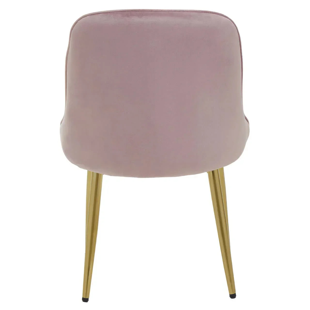 Pink velvet dining chair with gold metal legs, rear view